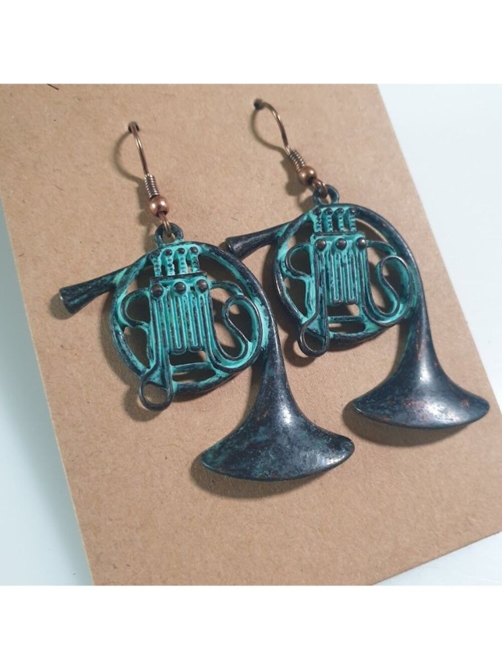 French Horn Drop Earrings Teal Black Patina Music Charm Hook Dangle Finish Gift - Picture 2 of 4